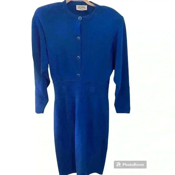 Vintage St. John By Marie Gray Knit Cobalt Blue Button Front Midi Dress Size 8 - Picture 2 of 11